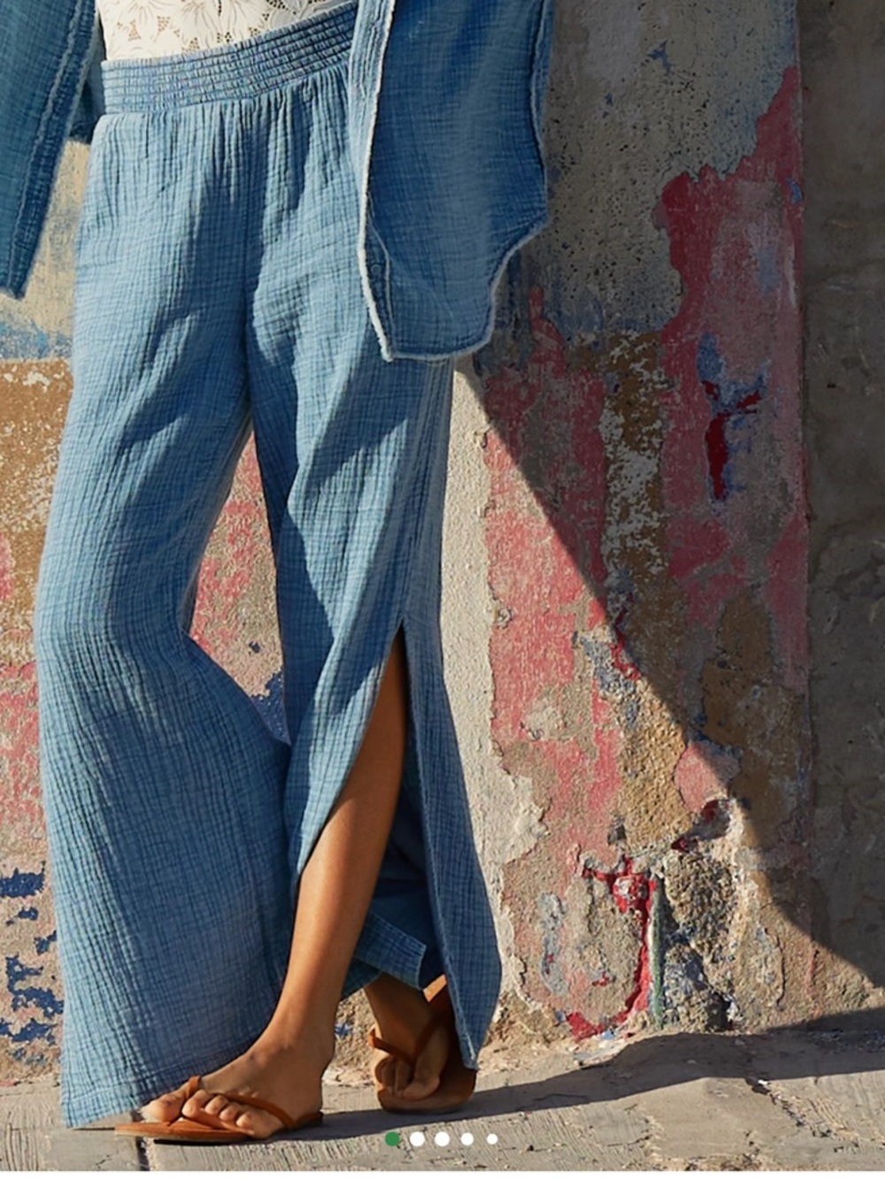 Aerie Gauzy Wide-Leg Side Slit High-Waist Pants in Blue Coastal Beach Cotton XS
